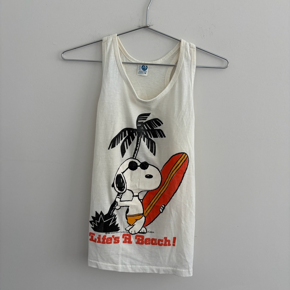 Vintage Artex Snoopy Lifes A Beach Tank Top White Mens Medium USA Made
